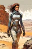 Placeholder: create a fine art print illustration of a rugged Fremen female warrior , clothed in a handmade stillsuit of muted greys and browns with highly detailed feminine facial features, traversing a a rocky outcrop amidst the desert sands of Arrakis, dusty, gritty, in the comic book art style of Bill Sienkiewicz, and Jean Giraud Moebius, finely textured, drawn, colored, and inked