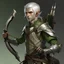 Placeholder: Please create an image for a young elven male with light brown skin, silver hair, and green eyes. He is carrying a crossbow and is accompanied by a metallic robot