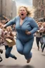 Placeholder: an obese terrified blonde woman crying and sobbing in a pant suit desperately running away from an angry mob of thousands of kids chase her down a city street while holding books