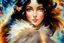 Placeholder: an irresistibly adorable image of a whimsical brunette woman creature with black hair and hazel eyes. Envision a charming being with fluffy, onyx-colored fur or hair that frames its endearing face. in the blowing wind Leonid Afremov