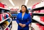 Placeholder: A Latina sales person in a Macy's store, surrounded by shelves of clothes