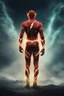 Placeholder: full-length portrait, extremely tall, thick, extremely muscular The Flash, extremely exaggerated muscular physique, standing on the world in outer space with his fists on his hips looking forward, multicolored fog, mist, futuristic landscape