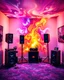 Placeholder: A beautiful design with photos of standing party speakers, party boxes, headphones, mobile chargers, and JBL speakers in the center of the room with a beautiful, unique, and psychedelic color theme.