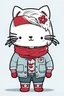 Placeholder: haz a una persona con pelo blanco, una diadema de invierno peluda, camisa con logo de hello kitty y pantalon con logos de hello kitty