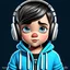 Placeholder: Cute cartoon style of a baby boy with headphones, wearing an blue hoodie with the name "Javier " black jeans grey eyes and brown hair, typography, illustration, painting, poster, 3d render, anime, fashion, cinematic, product