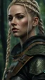 Placeholder: photorealistic hyperdetailed portait of an 18-year-old female as mercenary with blonde undercut hair with braids, wearing light armour dark fantasy forest backdrop