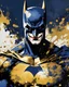 Placeholder: poster in two gradually, a one side Batman darkblue and other side Joker gold tones, painting by Yoji Shinkawa,