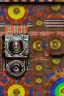 Placeholder: futuristic pinhole camera in Kente, rusted clocks eyes, cinematic, scaffolding, ghana flag, african pattern symbols, black star, engraved, 8k quality