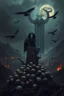 Placeholder: a weird bird-man crepy creature in dark hooded sitting on top of an old tree stump, pile of skulls under his feet, under in valley cities ruined with fires and ash and bones, dark deep colors, style by Vincent Lefevre, El Kazovszkij, and Bosch, black ravens with skull faces fly on the dark sky, nightmare, dark dream of the end the world, in the background a tall metallic demonc magic gate into after-life, surreal weird art, cinematic