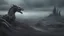 Placeholder: an apocalyptic flat landscape covered in dark gray dust. ancient battle field. skeleton. dragon bones. dark grey mist. dead ocean in the distance. seen from the ground. fantasy, horror. no trees