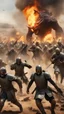 Placeholder: A front view of War of crusaders showing thousands of solders are running away from a distance toward the camera with scary faces and fear from a giant creature behind them, fires and dead’s and big fights on the ground