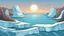 Placeholder: cartoon illustration: nature with icebergs and frozen sea, sun in the sky