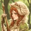 Placeholder: tabaxi female bard with long auburn hair captivating green eyes in a woodland setting intricate costume detail