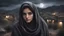 Placeholder: Hyper Realistic close-up-photographic-view of Beautiful-Pashto-Girl covering her face with grey-shawl with beautiful eyes wearing-black-dress standing outside village-houses giving-bold-expressions on mountain-top at night with cloudy-moonlight showing dramatic & cinematic ambiance