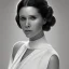 Placeholder: stunning half-body-portrait photo of princess leia from Star Wars played by Carrie Fisher, hazei iris, wlop, artgerm, akihiko yoshida, and liang xing, detailed face, doe eyes, intricate braided hair style, symmetrical eyes, trending on artstation, highly detailed, white dress, dynamic pose, intricate outfit, space ship and galaxy background