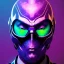 Placeholder: purple galaxy masked villain, futuristic, teal and purple smoke, full portrait, hyper realistic, 4k