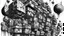 Placeholder: A surreal, dystopian cityscape rendered in black and white ink. The composition is dominated by a cluster of massive, cube-like structures that appear to defy gravity, stacked and jutting out at odd angles. In the center, a large, spherical object covered in spikes and mechanical protrusions hovers ominously, connected to the surrounding cubes by pipes and conduits. Numerous aircraft, including helicopters and futuristic jets, navigate the sky between the structures. A tall, rocket-like spire st