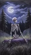 Placeholder: A oil painting from behind a skeleton sitting in the grass on the top of a hill, lookin into the night sky. A Forrest in the background. Painting. Purple colours. Blue colours. Night. Melancholic mood. Colorful.Pastel colours. Masterpiece.