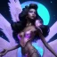 Placeholder: full body shot, masterpiece, best quality, black skinned, sparkling eyes, long hair, gorgeous Fairy,wings,fluorescent skin,blue-dark makeup,synthwave, indigo, highly detailed body, sun light, 4K, RAW, depth of field, high contrast, realistic details, 24mm vaporwave aesthetic, synthwave, artstation, concept art, smooth, extremely sharp detail, finely tuned detail, ultra high definition, 8 k, unreal engine 5, ultra sharp focus