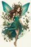 Placeholder: Forest fairy with iridesand teal wings and a cute short leaf dress and pointed ears and multiple vine earings and ear cuffs flying through a mythical forestand brown wavy hair trailing her
