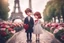 Placeholder: cute chibi mahogany haired girl with a short, silver haired boy, Eiffel tower, heart and love, flowers in Paris, ethereal, cinematic postprocessing, bokeh, dof