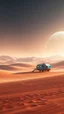 Placeholder: realistic photo of a landscape covered in sands that looks futuristic with futuristic lighting , a caravan