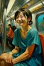 Placeholder: Neoclassicism 2 japanese woman smiling sitting in metro realistic cote d'azur painting colorfull