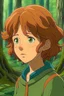 Placeholder: Jeune femme Miyazaki cheveux court et bouclé marron dans la forêt style Nausicaä de la vallée du vent