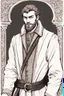 Placeholder: man, age 20, medieval, fighter, russian, croocked nose, czar, rich, simple clothes, short messy hair, thick beard, oligarch, leather coat with fur, brocade clothes, pencil drawing, black or red hair, muscles