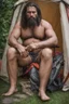 Placeholder: close up shot photography of an ugly burly hairy strong big chubby angry gipsy shirtless homeless man 33 years old, big nose, in bulging shorts, bulge, manly chest, dreadlocks, sweat, sweat, wet, relaxing sitting a chair near his small tent, in a private elegant garden of a villa, raining nighttime, big shoulders, ambient occlusion, photorealistic, frontal view from the ground, dim light from little bulbs