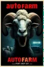 Placeholder: morbid massive superherd group darky humor biologicaly detail horrory old macabre backlit profile, with heading fancy text of poster saying (autofarm) in movie poster movie release date 2025 form,a portrait hybrid mixed body part sheep, giant eyes sheep alien style horror look. as five headed mouth open, rough teeth, turn head, landrover crash in background(&*&*^%$^#%$#%$^%$#^#$#^%#$^$#