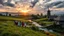 Placeholder: group of people are dancing in a national celebration in a village over high grassy hills,a small fall and river and wild flowers at river sides, trees houses ,next to Ripe wheat ready for harvest farm,windmill ,a few village local shops .people are dancing in a national celebration,cloudy sun set sky,a few village local shops