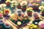 Placeholder: top view of a miniature flower farm scene with cute chibi anime gardener cats tending to the flower fields S<AI in sunshine, photorealistic, 3D, ethereal, cinematic postprocessing, bokeh, dof