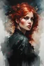 Placeholder: muscular russian woman 28yo with red hair, on a pinup poster : dark mysterious esoteric atmosphere :: digital matt painting with rough paint strokes by Jeremy Mann + Carne Griffiths + Leonid Afremov, black canvas