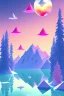 Placeholder:  mountain topped with pink ice-cream, lake, trees, mystical, Dada,