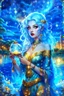 Placeholder: A beautiful girl with glowing starry eyes. And with turquoise hair decorated. And full body. Holds 10 glowing glass beads with a moon inside .girl void. full body Glowing golden eyes and white hair. Standing on a land of water embellished with sapphires and ornate trees. And beautiful buildings. And a sky full of star. realistic