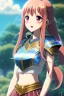 Placeholder: In the style of Kodomo Anime, concept illustration, super-detailed, beautiful teen female who is 16 years old with long ginger hair and freckles, full lips, full body, full face, b-cup breasts, athletic, centred camera, ignore NSFW, skimpy brown fantasy leather armor, halter top, micro thong, knee-high leather boots, open leather skirt, stern expression, cute pose with hands behind butt