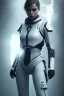 Placeholder: Ana de Armas, identical features, Black intergalactic pilot suit, portrait, bright white eyes, wearing high tech pilot breathing mask, beautiful face, white smoke, dark, rage, sorrow, high definition, ultra 8 k, volumetric lighting, blue fire, fog