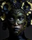 Placeholder: A beautiful frosty vantablack iris and daisy floral headdress adorned beautiful young woman wearing etherialism goled filigree black iris and daisy peatals and rdaisy and iris leaves embossed ornated costume ahd metallic filigree botanical Golden glittering half face. Masque organic bio spinal ribbed detail of metallic filigree vantablack background extremely detailed hyperrealistic maximálist concept art