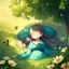 Placeholder: tiny anime girl sleeping in the distance, laying down in a field of flowers, underneath a willow tree, with a butterfly on her nose