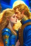 Placeholder: prince who has sandy hair, bronze skin,tall, has short beard,wears a medieval military outfit and is in love with the commoner girl, who has curly platin blonde hair and wears a blue dress, the two kiss very affectionately, illustration of a fantasy book cover with a detailed, smooth, bright background filled withmoon and sun, hyperdetailed, Hyper realistic photograph, 16k resolution, product photo, Formal, Formal dress , Hyper detailed, Intricate, Mystical , Firey, Fire based