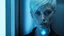 Placeholder: portrait of human android Anita, 25 years old, with a blue blure glowing tattoo on her neck: female, short white hair, neat hairstyle tied back, white albino skin, blue eyes, big eyes, freckles, nice, kind and friendly face