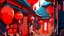 Placeholder: fantasy cartoon style illustration: red lanterns and decorations on doors and windows in a small Chinese mountain village