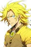 Placeholder: Anime man side character with golden hair , less fit body, electricity around him aged 27