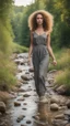 Placeholder: full body shot of a very beautiful lady curly hair, walks in the country side with a narrow river with clean water and nice rocks on floor. The trees and wild flowers .