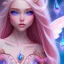 Placeholder:  beautiful, soft, whide smile face,whole head, long blonde straight hair, blue eyes, fairy wings on the back, transparent crystal blue and pink clothes, background blue and pink, big definition, 8K