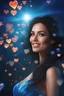 Placeholder: from behind, 3D bubbles, 3D hearts, sunlight, blue skies, magic, multicolored swirling light, aurora borealis, a flowing river of electricity, UFOs, Devil's Tower, fireflies, a close-up, facial portrait of a totally gorgeous Megan Gale, with Long Black hair, cobalt blue eyes, smiling a big bright happy smile, wearing a red sling suit with a gold/yellow bat emblem on the lower stomach area, and black boots, professional quality digital photograph, happy time