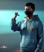 Placeholder: Realistic image, waist up view, a guy making the fuck you gesture with his hand, blue smoke coming out of his nose and mouth, happy. Latex cloth, inflatable hoodie, soft color, highly detailed, unreal engine 5, ray tracing, RTX, lumen lighting, ultra detail, volumetric lighting, 3d, finely drawn, high definition, high resolution.