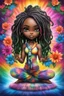 Placeholder: Create an airbrush image of a chibi black curvy female wearing a tie dye yoga outfit. Prominent make up with hazel eyes. Highly detail asymmetrical dread locs. background of colorful large flowers 2k