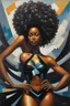 Placeholder: In this futurism oil painting, a stunning black woman is the centerpiece, embodying strength, beauty, and pride. She is depicted bending down gracefully, her body curving elegantly, as she holds her voluminous afro hair in her hands. Her face is adorned with prominent makeup, featuring lush lashes that accentuate her expressive eyes. The canvas is filled with vibrant colors, with the woman's afro hair taking center stage. Each curl is meticulously detailed, with a riot of colors cascading down